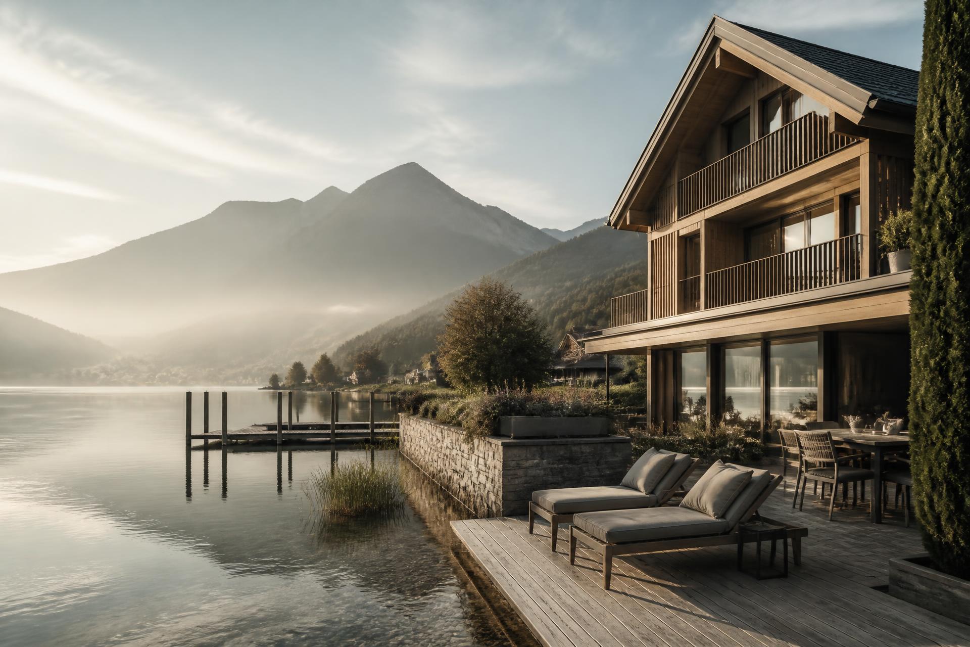 Anwesen am See im Morgenlicht mit Blick auf Berge