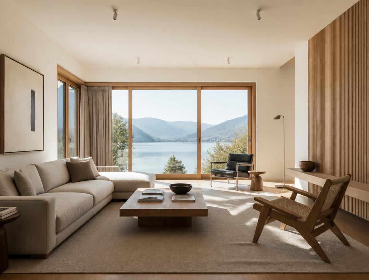 Helles, minimalistisches Wohnzimmer mit Seeblick